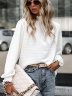 Smocked Frill Mock Neck Long Sleeve Blouse (4)