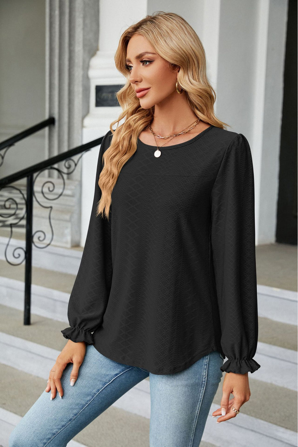 Round Neck Flounce Sleeve Blouse (8)