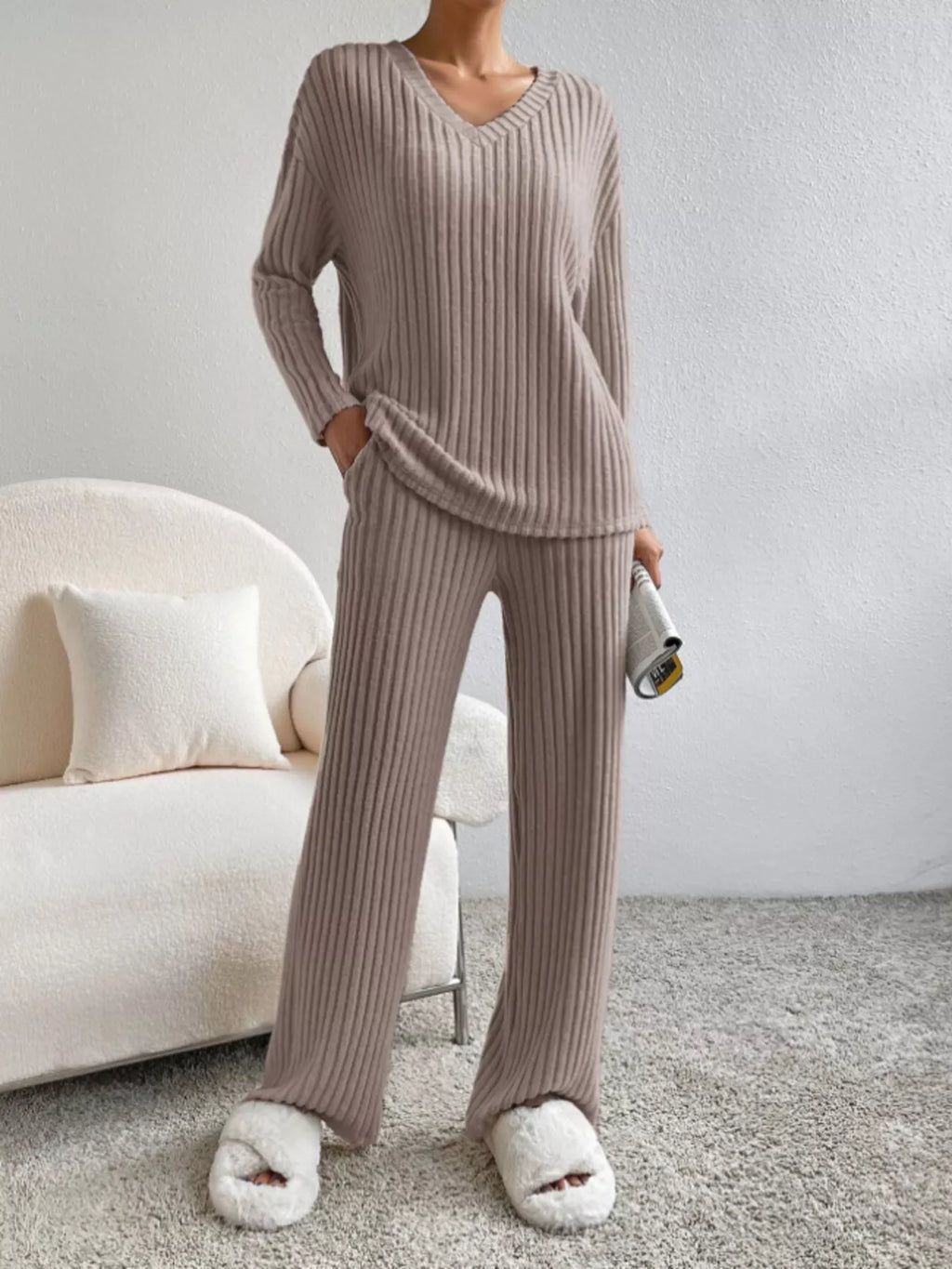 Ribbed Knit Long Sleeve Top Pants Set (6)