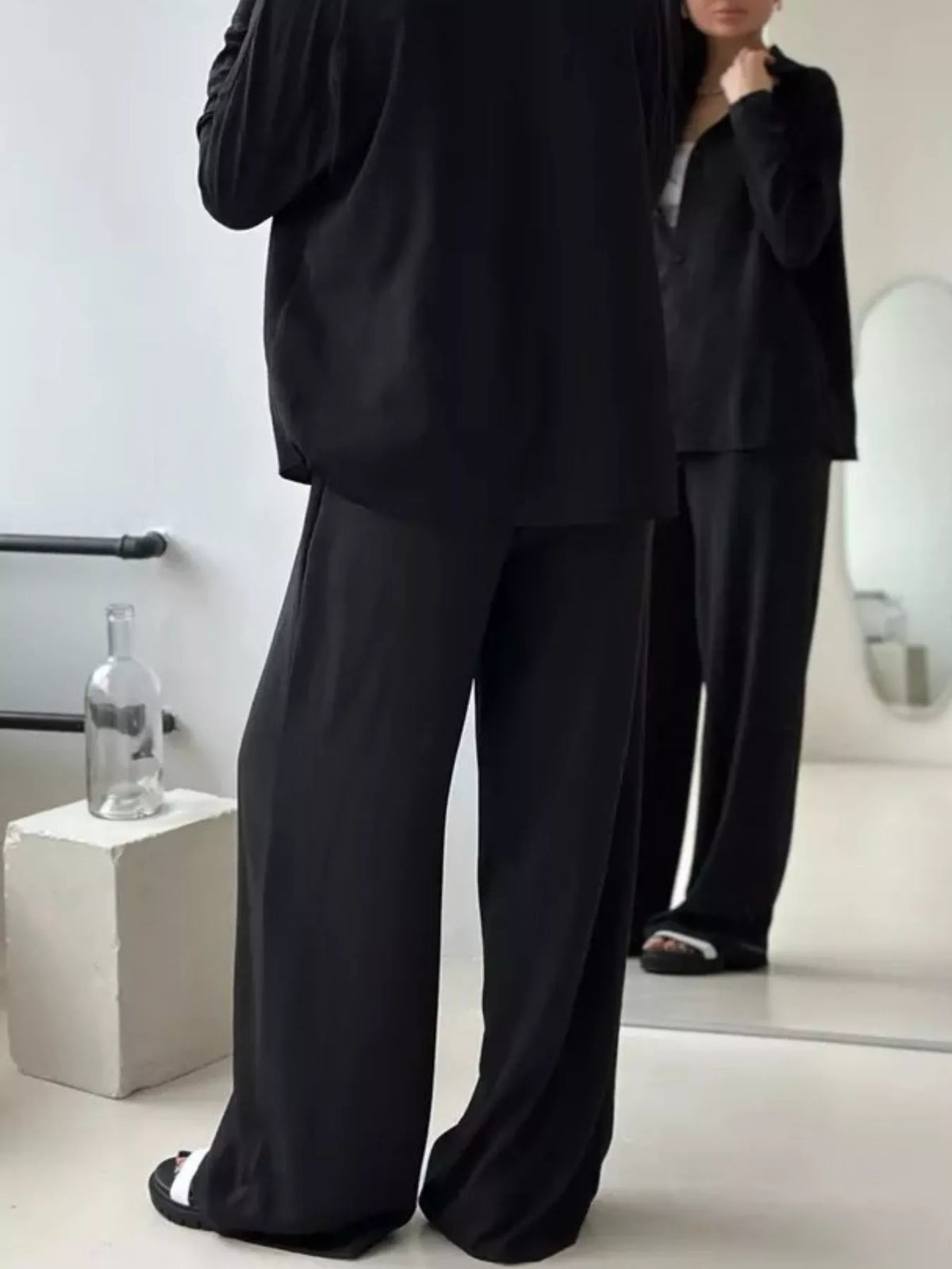 Relaxed Fit Shirt Wide Leg Pants Set (24)