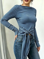 Long Sleeve Striped T-shirt Front Tie Detail (16)