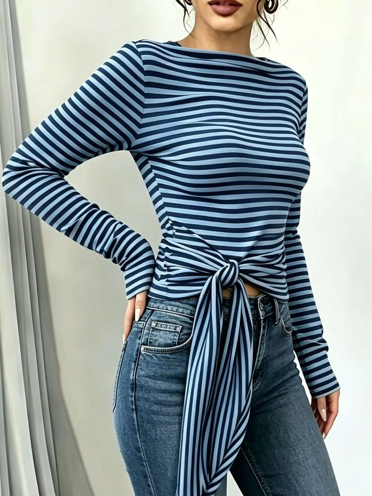Long Sleeve Striped T-shirt Front Tie Detail (16)