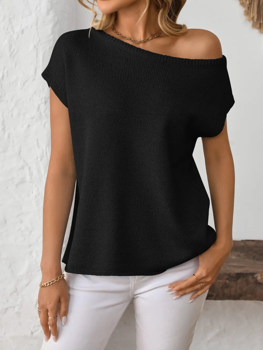 Boat Neck Short Sleeve Knit Top (7)