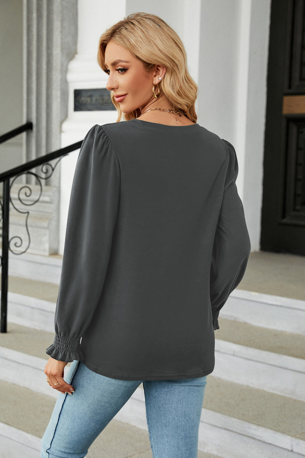 Round Neck Smocked Flounce Sleeve Blouse (6)