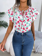 Floral Tie Neck Flutter Sleeve Blouse (14)