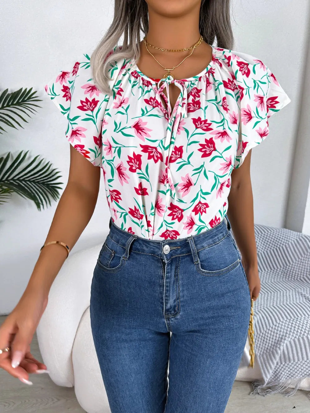 Floral Tie Neck Flutter Sleeve Blouse (14)