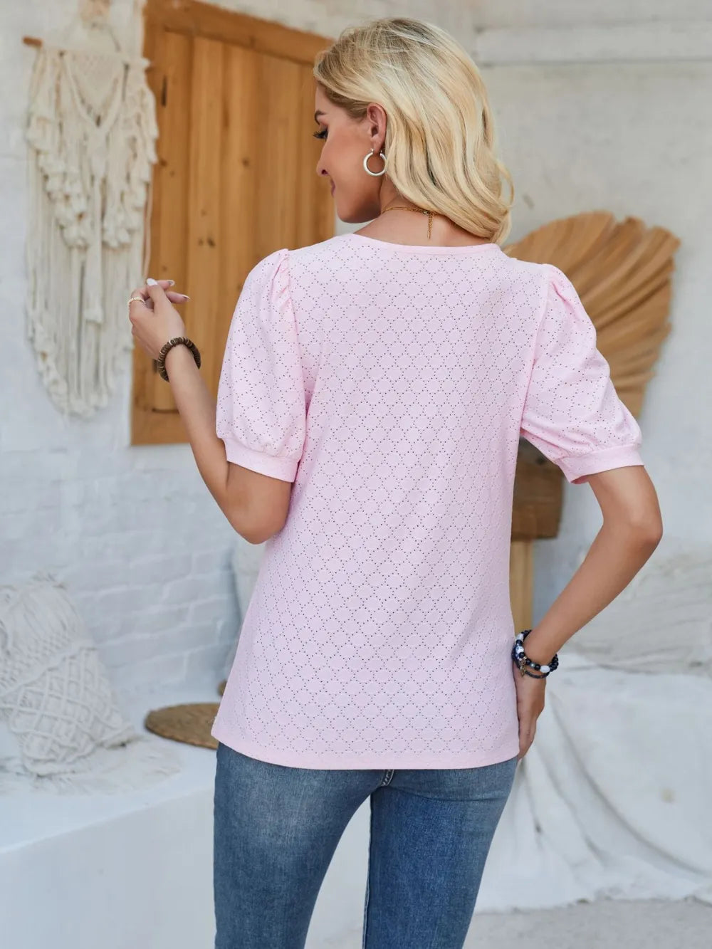 Eyelet Asymmetrical Neck Short Sleeve T-shirt (4)