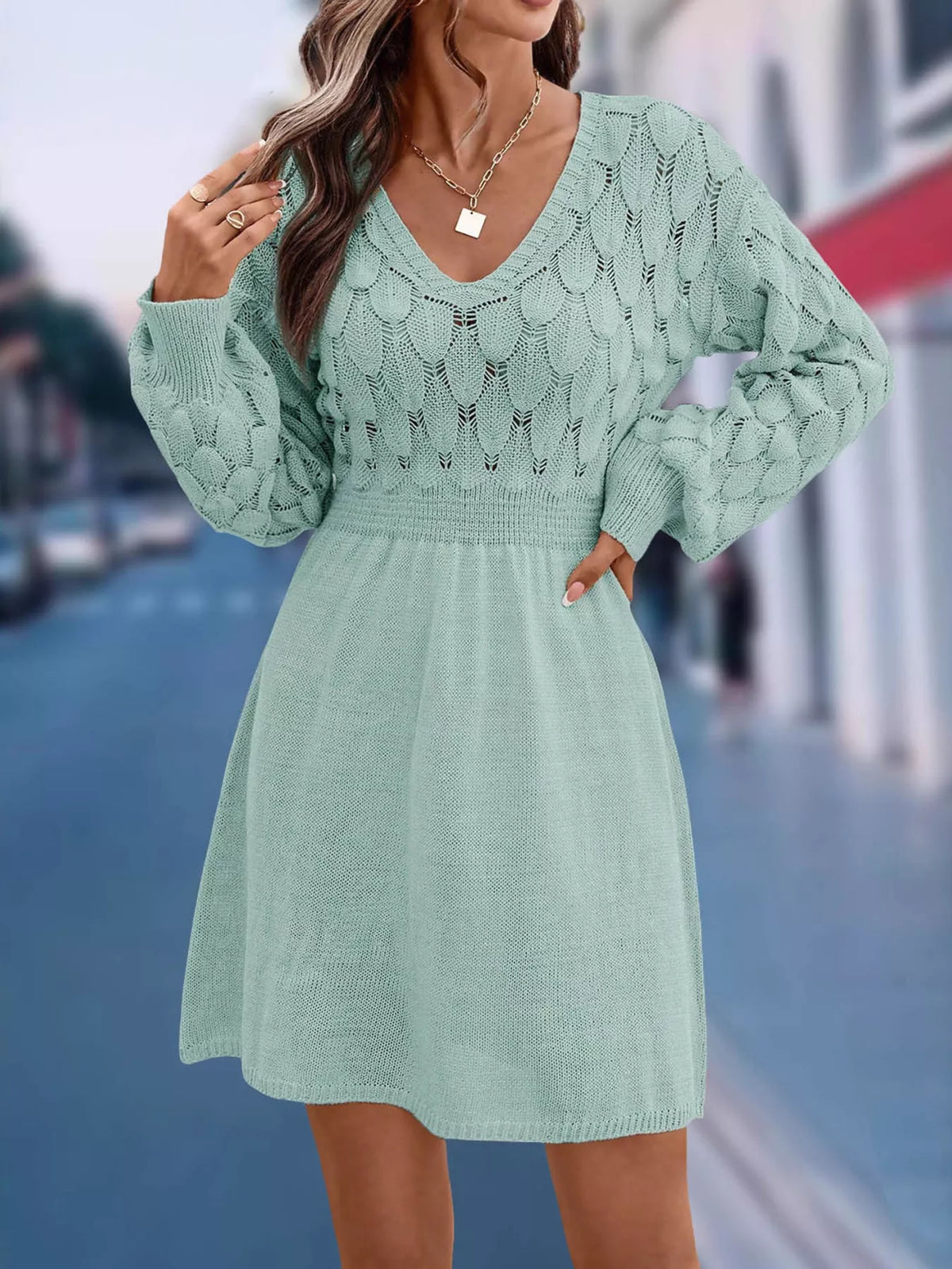 V-neck Long Sleeve Sweater Dress (18)