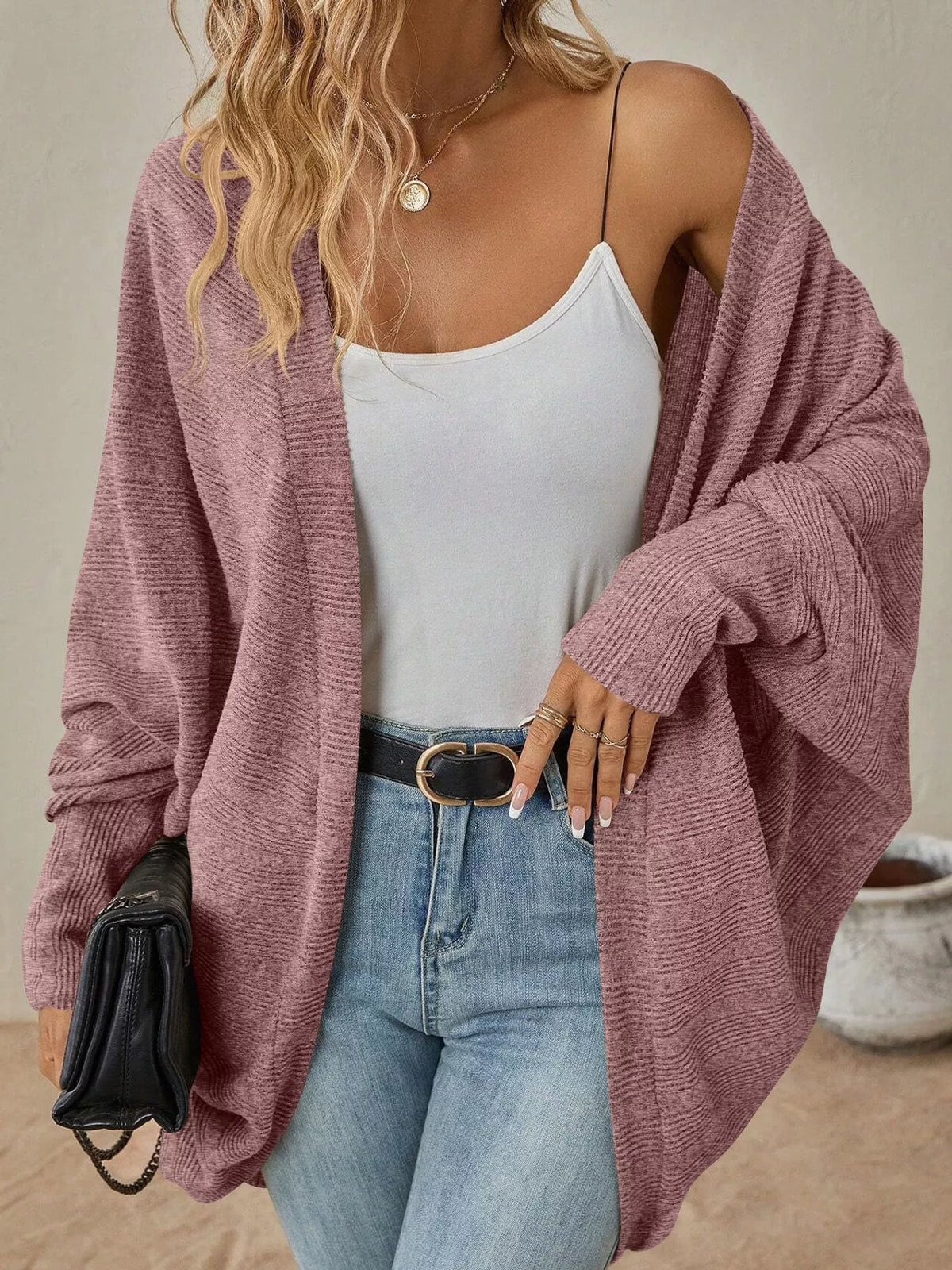 Casual Open Front Batwing Sleeve Ribbed Knit Cardigan (13)