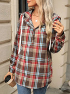 Drawstring Plaid Hooded Long Sleeve Top (14)