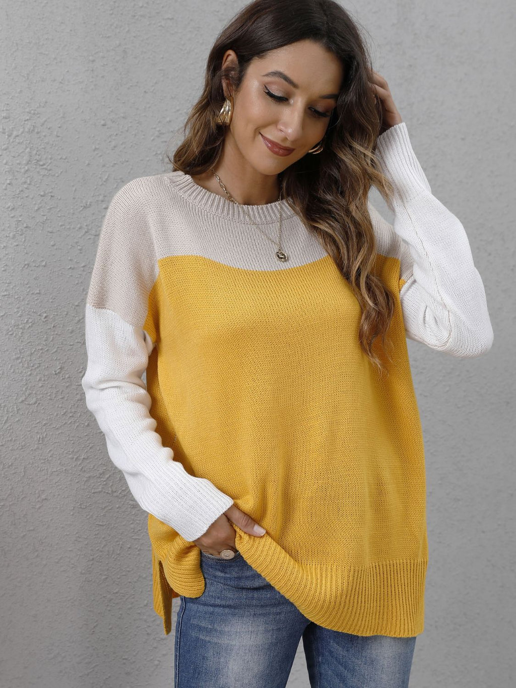 Block Round Neck Dropped Shoulder Sweater (5)