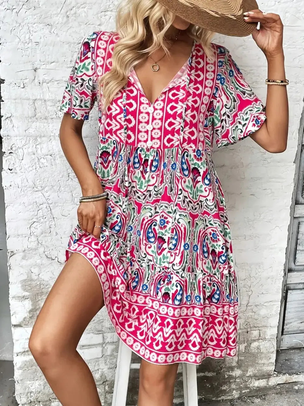 Printed Tie Neck Short Sleeve Dress (4)