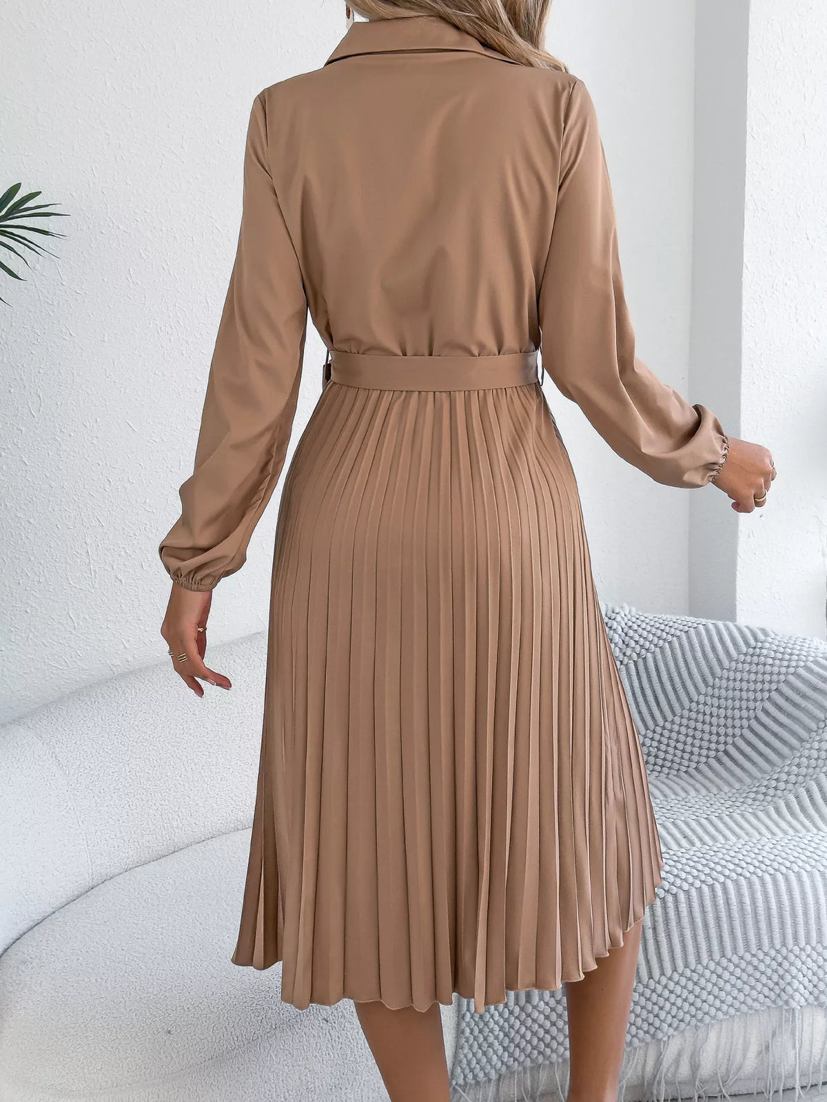 Pleated Tie Waist Balloon Sleeve Dress (5)