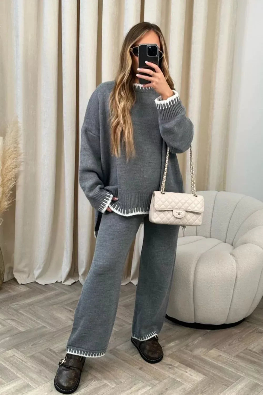 Contrast Trim Round Neck Top Pants Sweater Set (2)