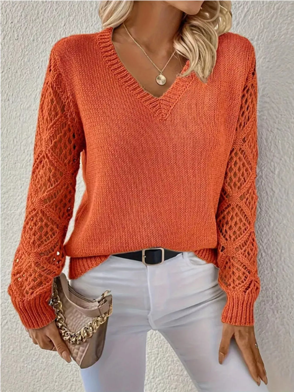 V-neck Crochet Sleeve Sweater (10)