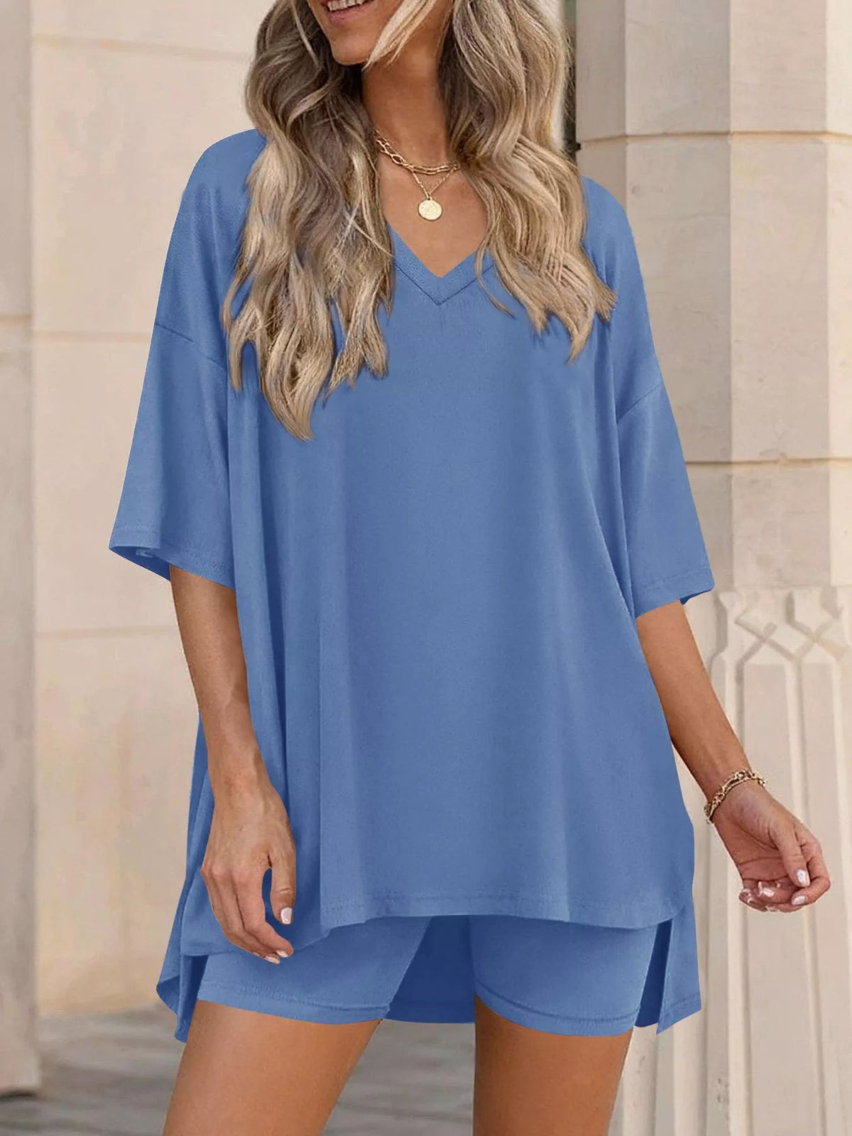 Full Size Casual Loose V-neck T-shirt Shorts Set Plus (10)