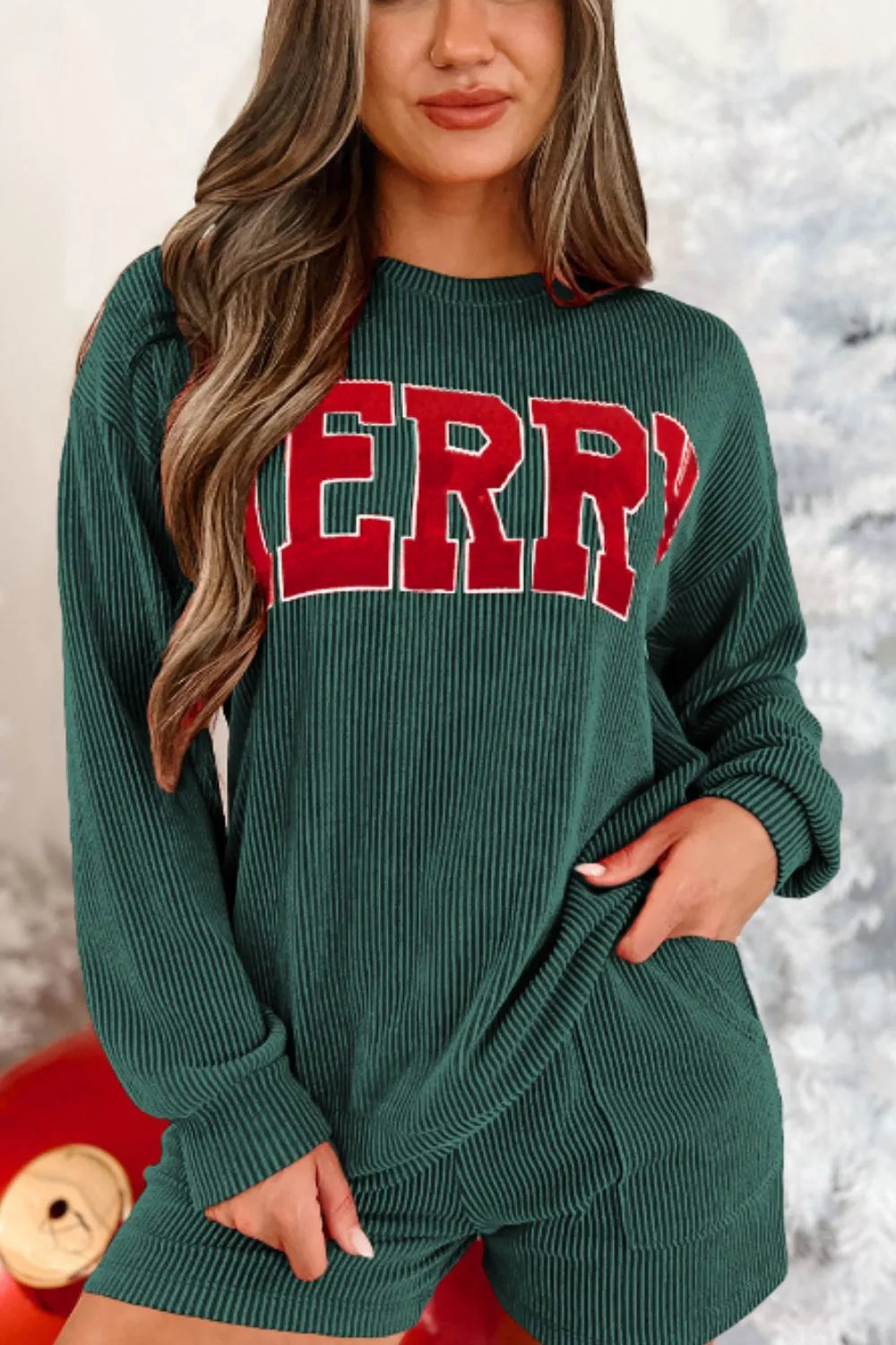 Merry Round Neck Long Sleeve Top Shorts Lounge Set (10)