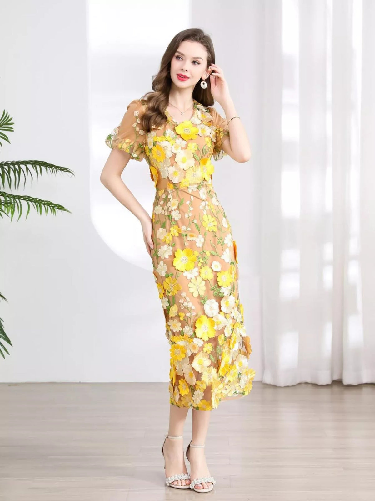 Floral Embroidered Puff Sleeve Midi Dress (7)