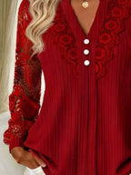 Lace Long Sleeve Notched Blouse (2)