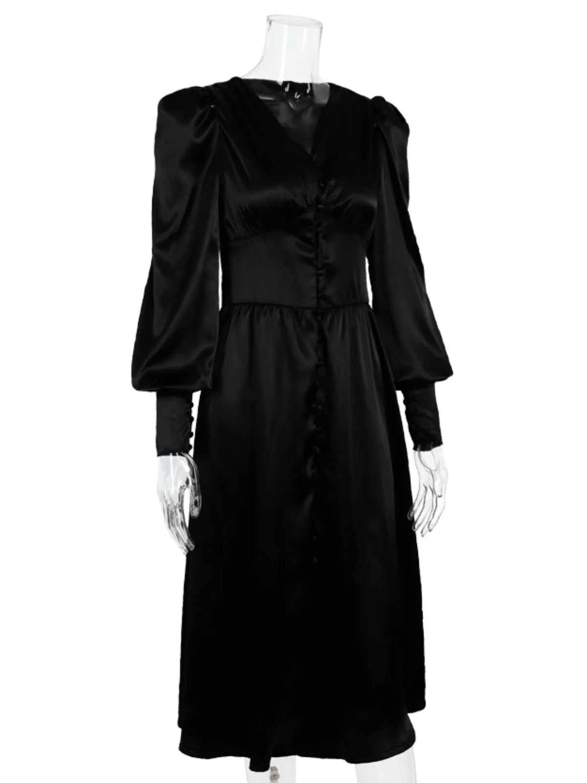 Elegant V-neck Puff Sleeve Button-down Midi Dress (19)