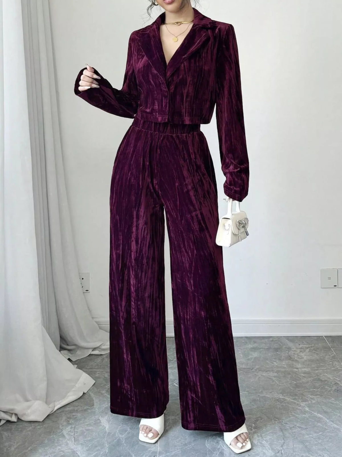 Pleated Velvet Blazer Wide Leg Pants Set (10)