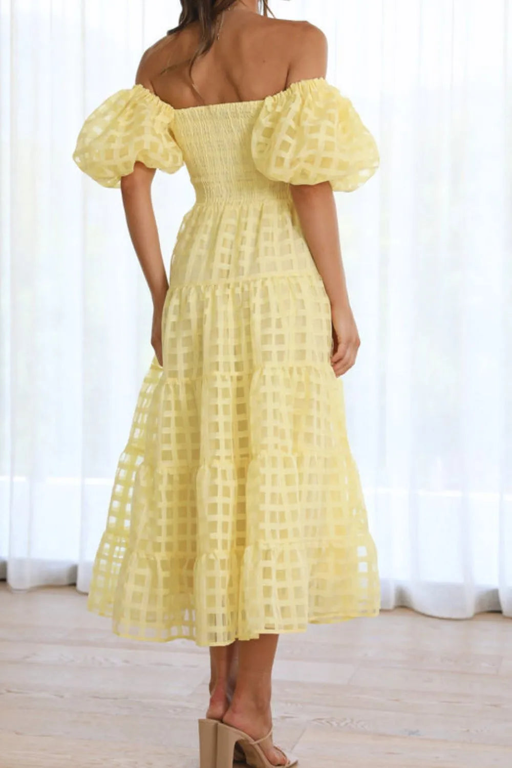 Off Shoulder Short Puff Sleeve Midi Dress (11)