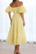 Off Shoulder Short Puff Sleeve Midi Dress (11)