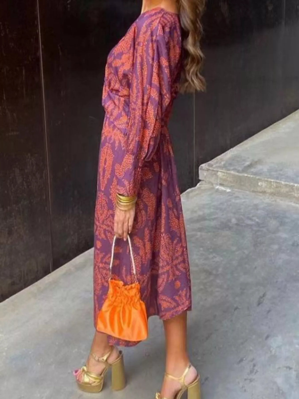 Full Size Printed V-neck Long Sleeve Twisted Midi Dress Plus (4)