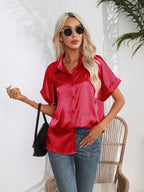 Button Down Collared Neck Short Sleeve Satin Shirt (31)