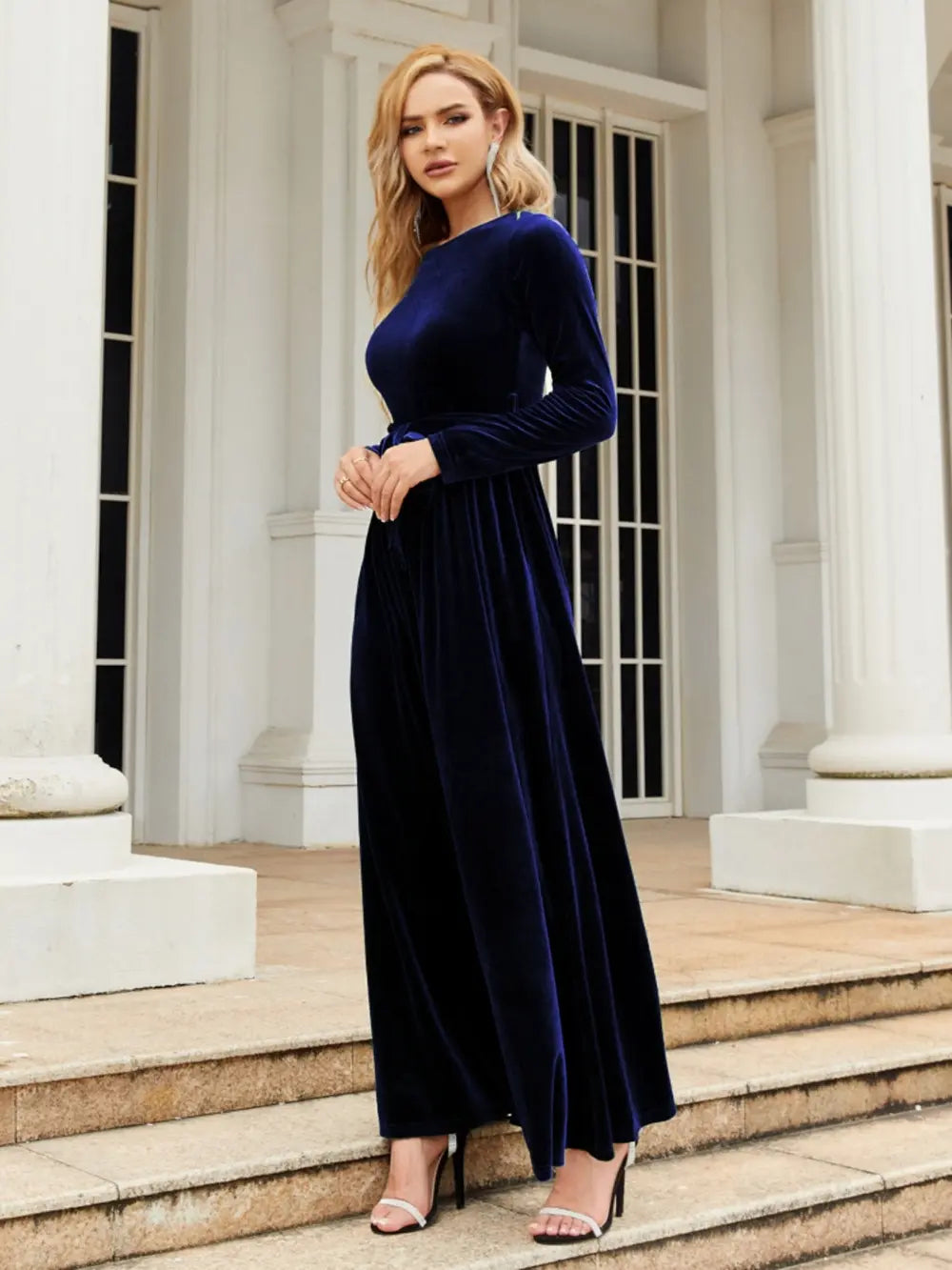 Tie Front Round Neck Long Sleeve Maxi Dress (13)
