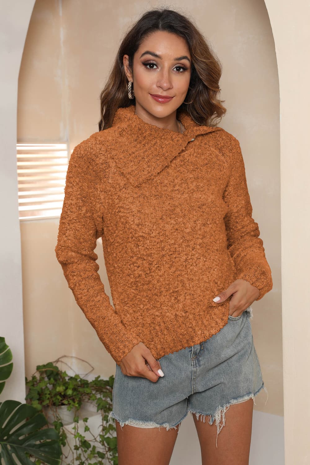 Asymmetrical Neck Long Sleeve Pullover Sweater (6)