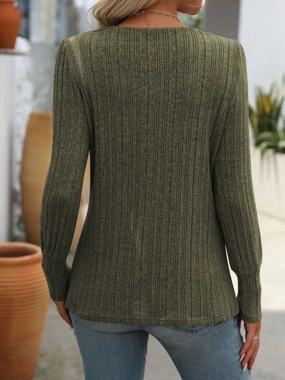 Decorative Button Striped Square Neck Long Sleeve T-shirt (15)