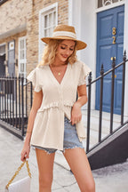 Buttoned V-neck Ruffle Trim Top (5)