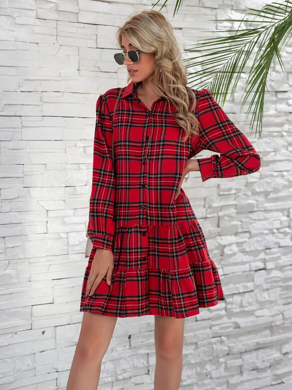 Ruffle Hem Plaid Button Down Long Sleeve Dress (4)