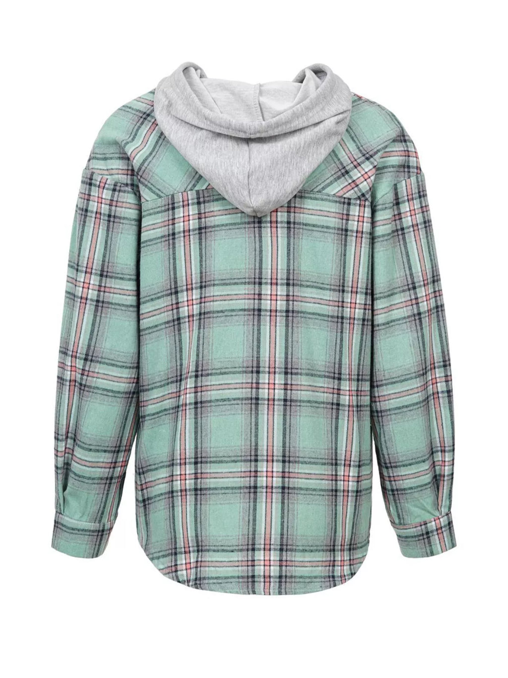 Plaid Button-up Hooded Shirt Chest Pocket (33)