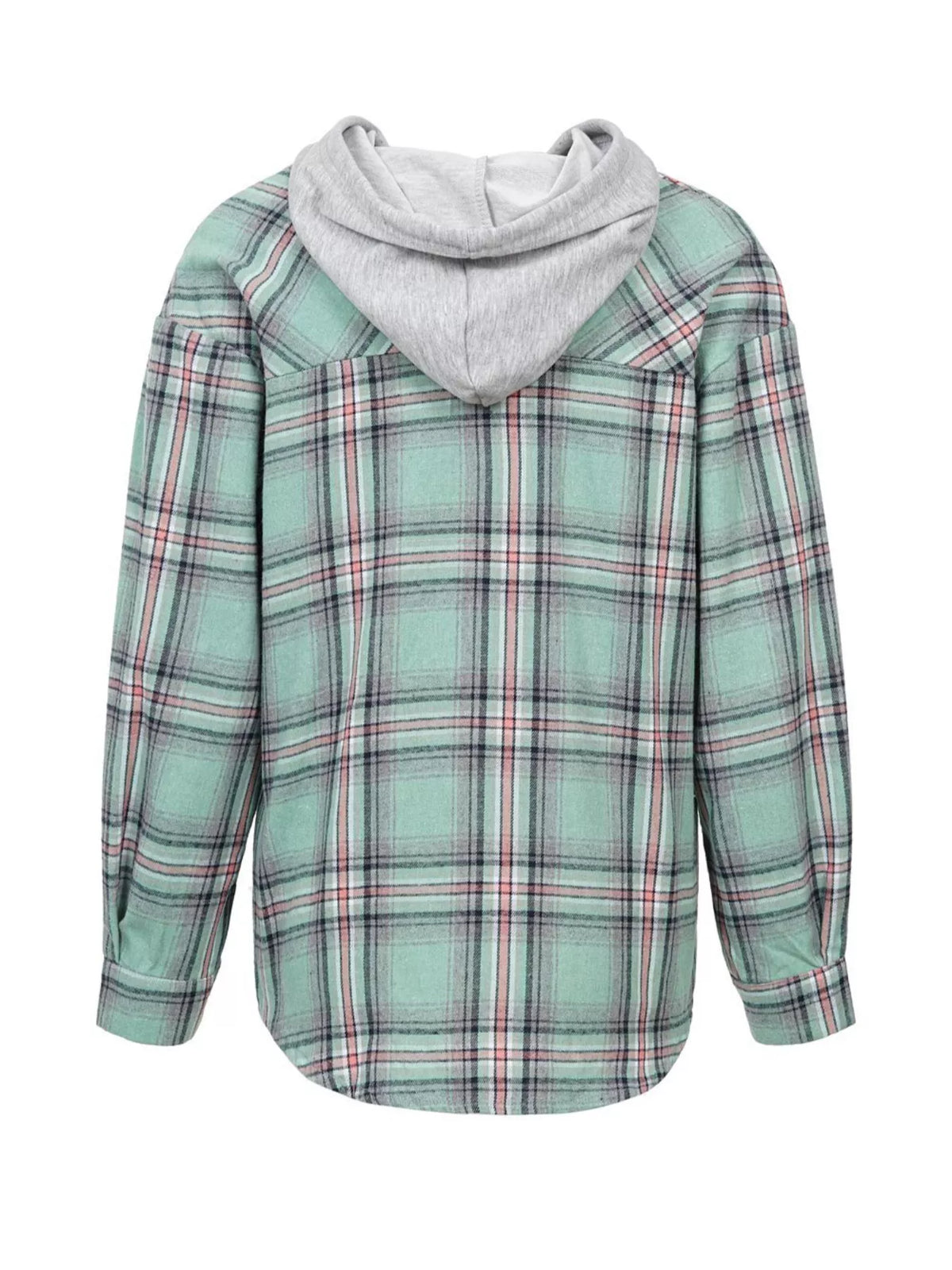 Plaid Button-up Hooded Shirt Chest Pocket (33)