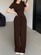 Solid Color Short Sleeve Crop Top Wide Leg Pants Set (2)
