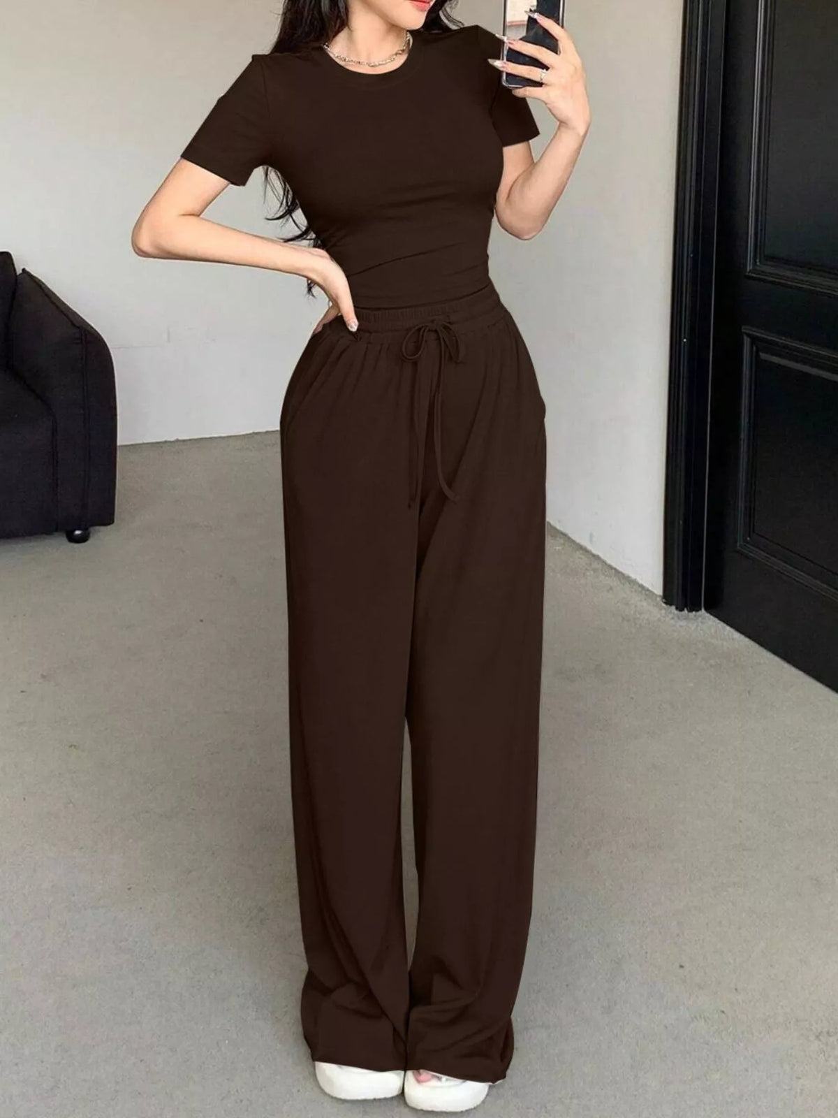 Solid Color Short Sleeve Crop Top Wide Leg Pants Set (2)