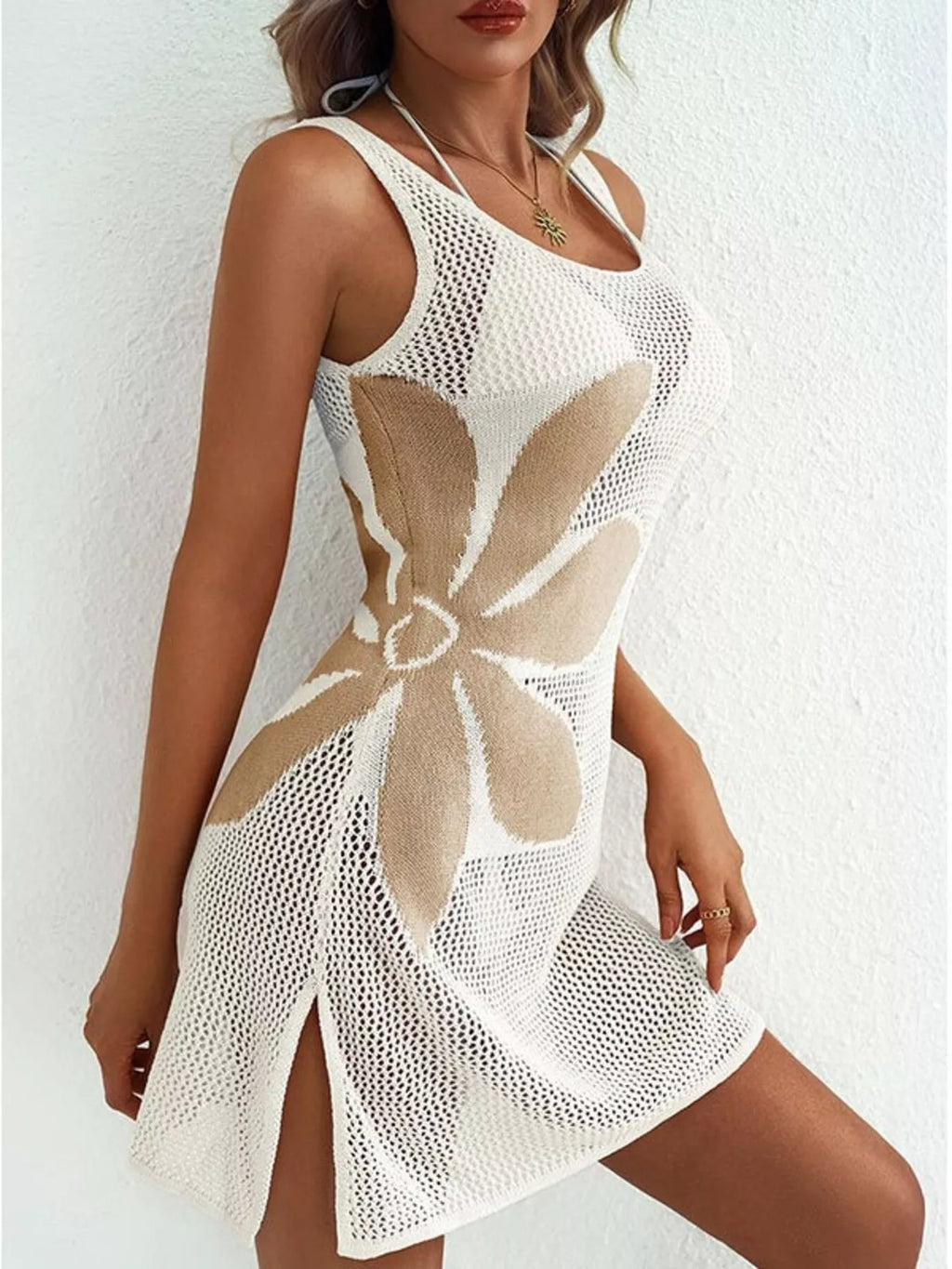 Side Slit Flower Crochet Knit Cover Up Dress (13)