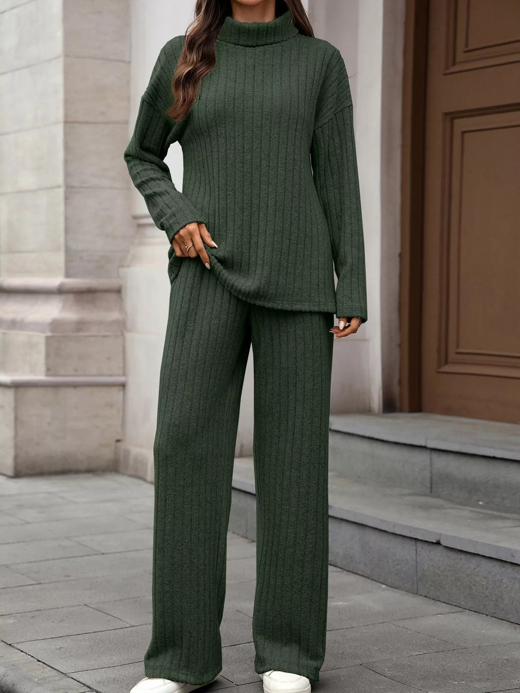 Ribbed Turtleneck Dropped Shoulder Top Pants Sweater Set (12)