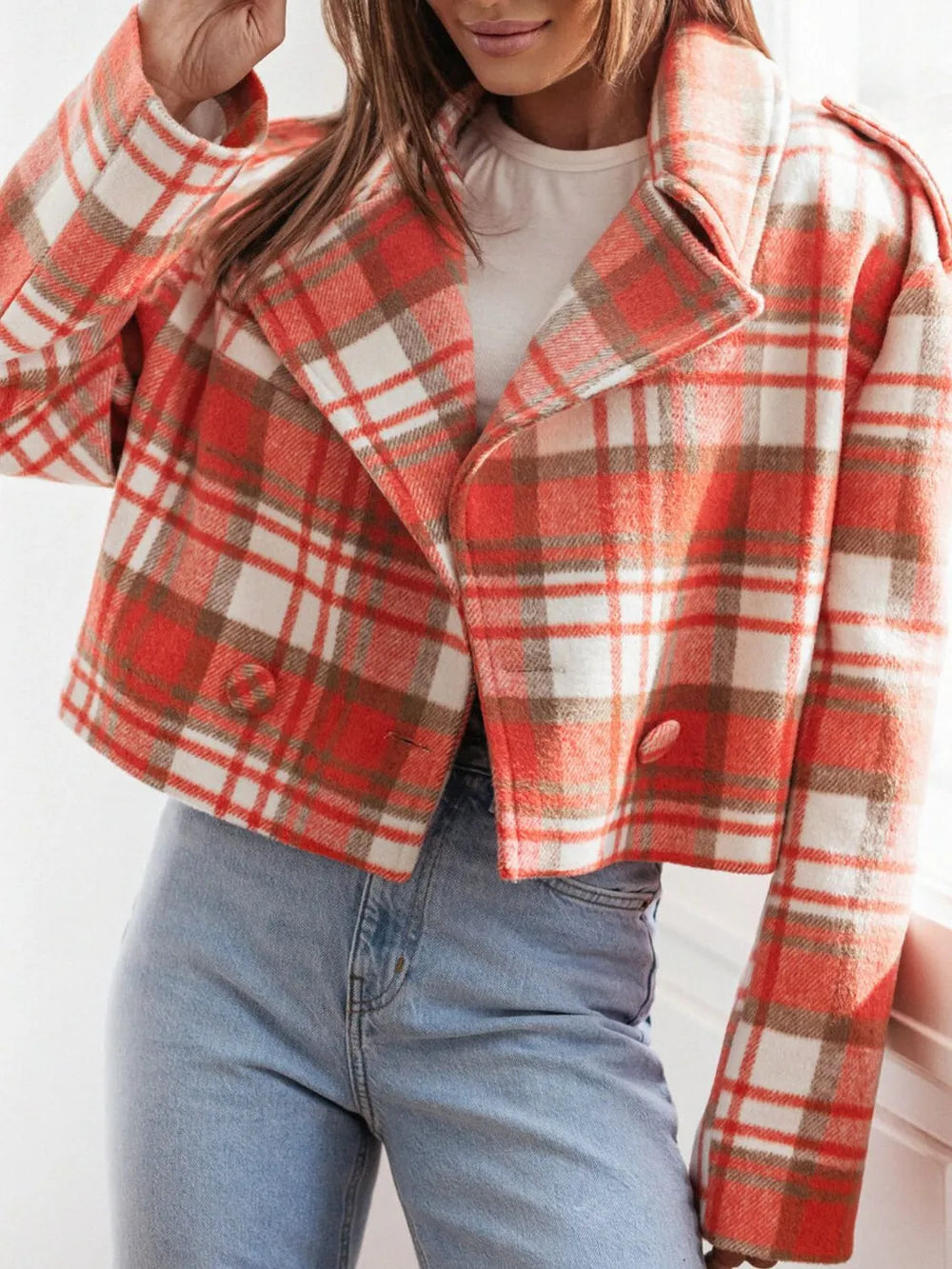 Lapel Collar Plaid Cropped Jacket (8)