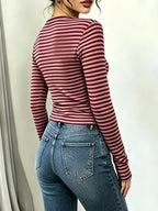 Long Sleeve Striped T-shirt Front Tie Detail (8)