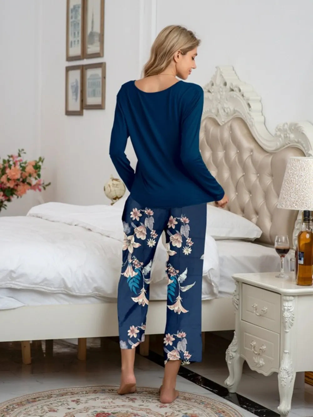 Round Neck Top Printed Pants Lounge Set (23)