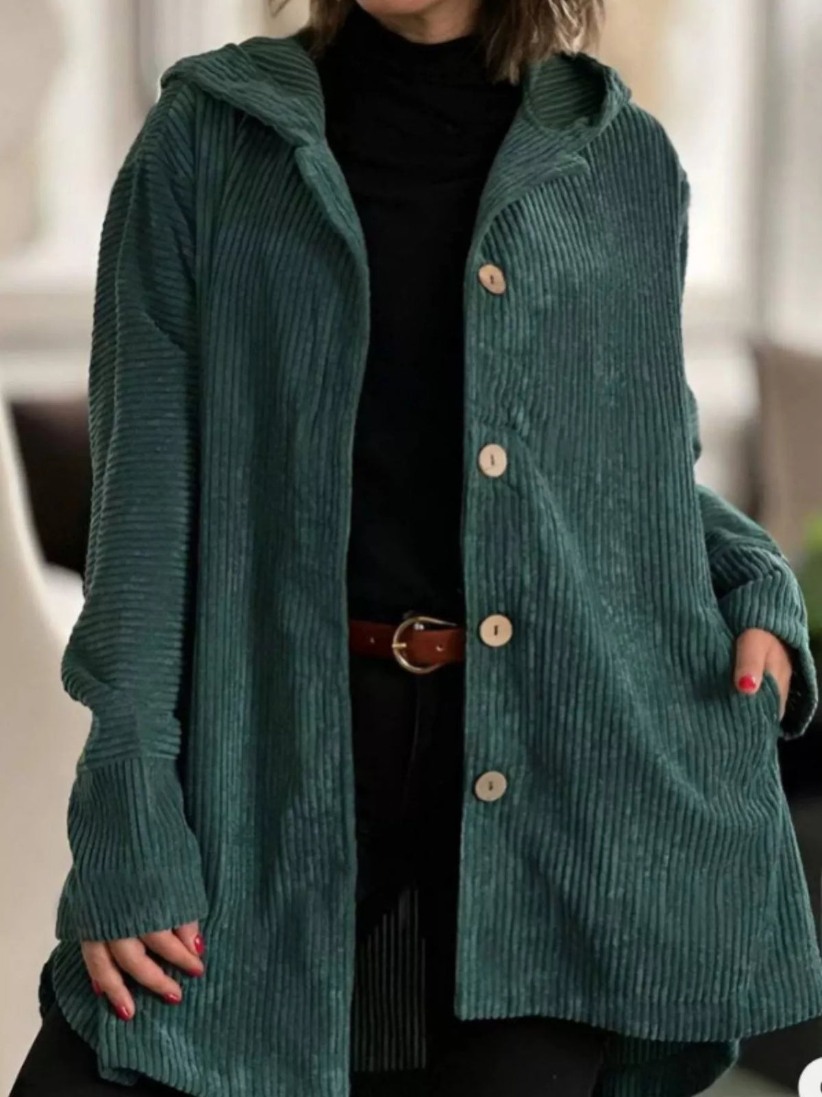 Full Size Corduroy Button Up Hooded Jacket Plus