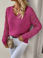 Openwork V-neck Long Sleeve Sweater (18)