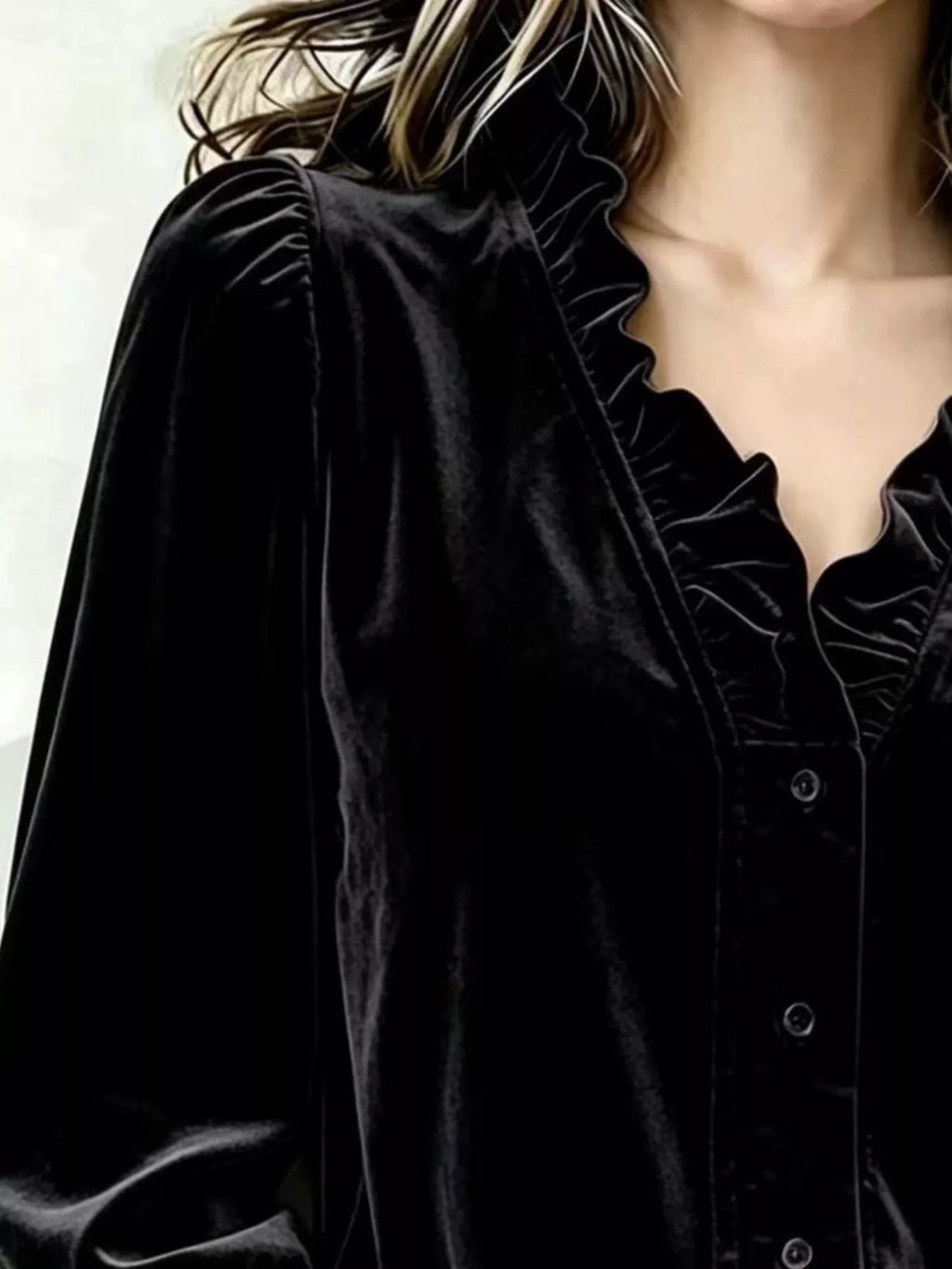 V-neck Ruffled Velvet Button Down Blouse (4)