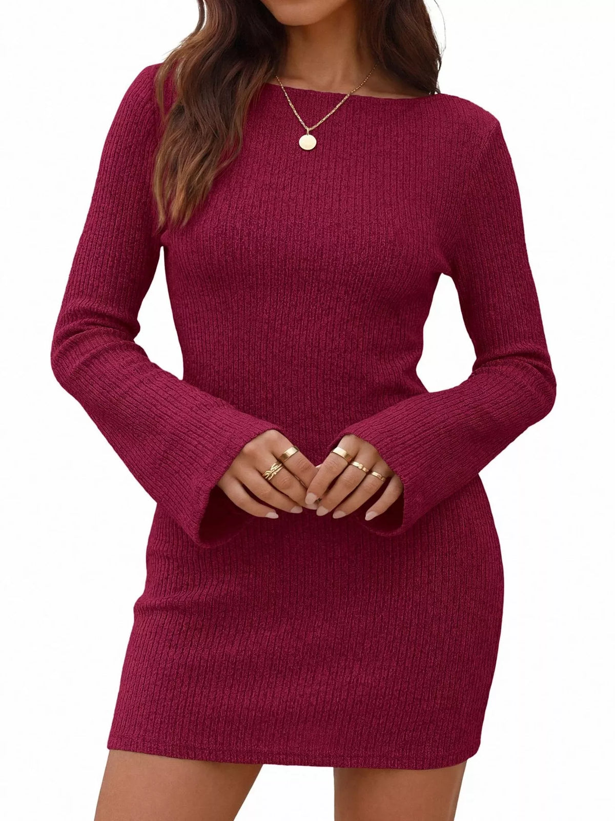 Ribbed Knit Long Sleeve Slim Fit Sweater Dress (8)