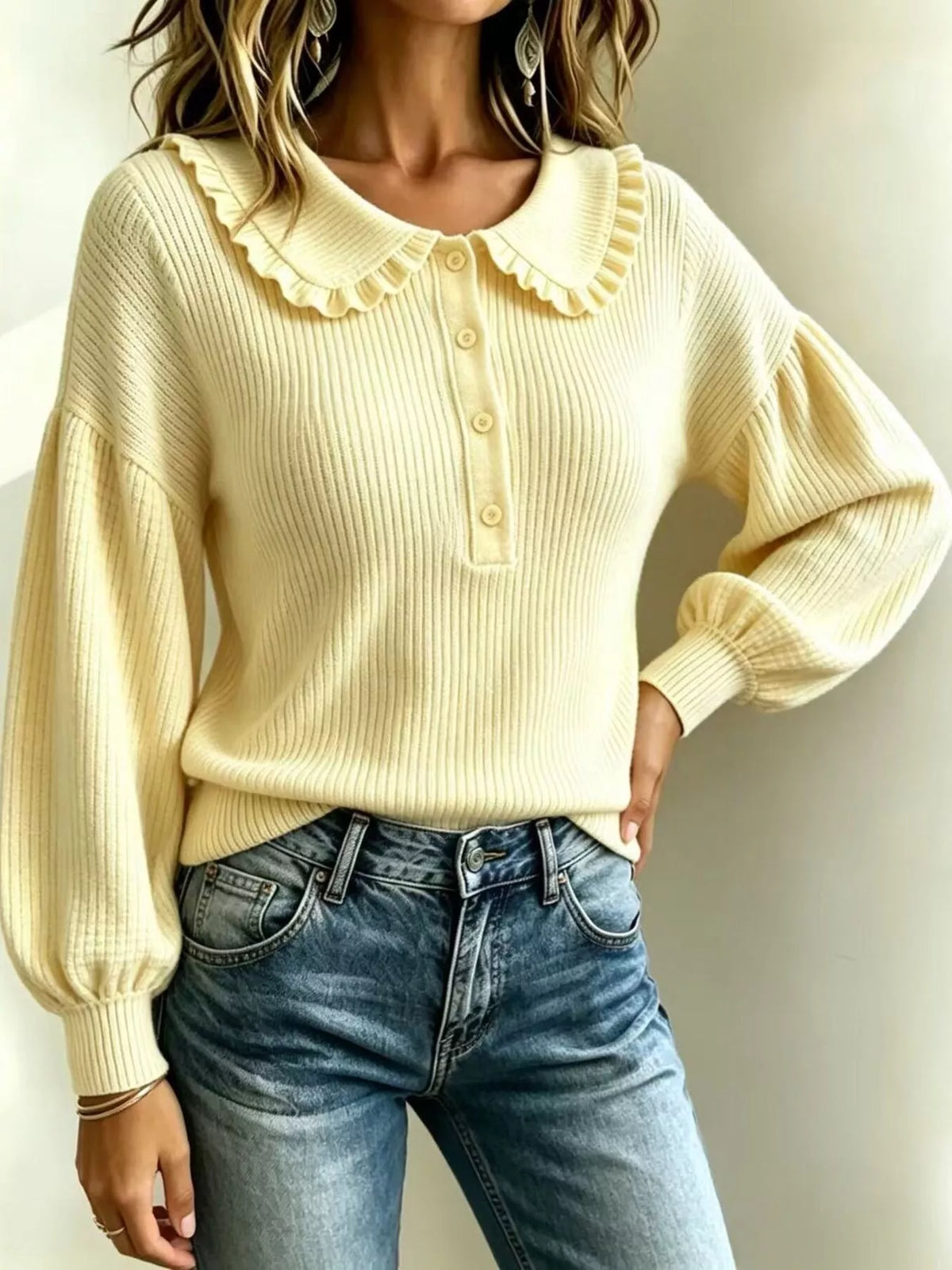 Full Size Ruffle Collar Button Detail Sweater Plus (5)