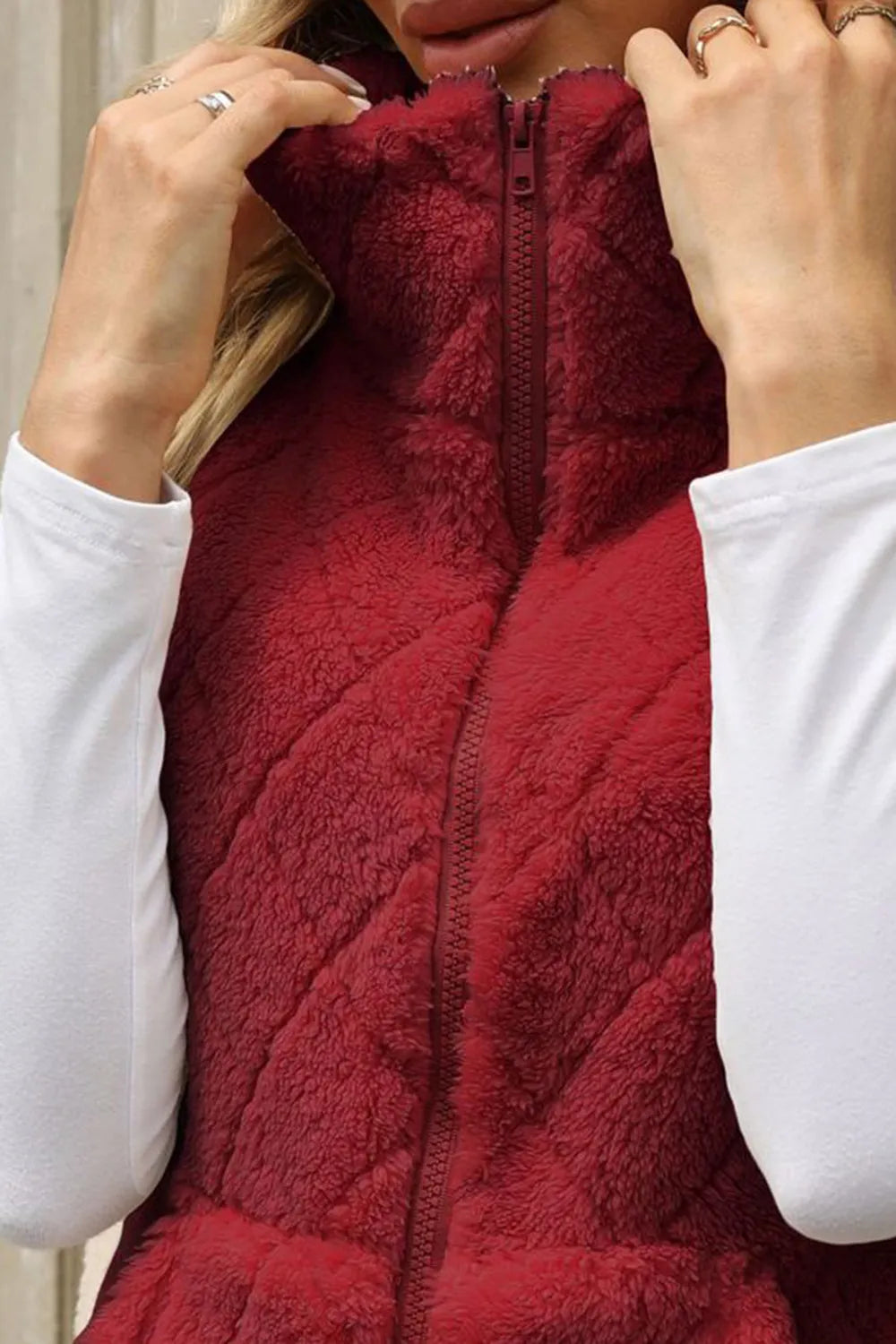 Fuzzy Plaid Texture Zip Up Vest Coat (7)
