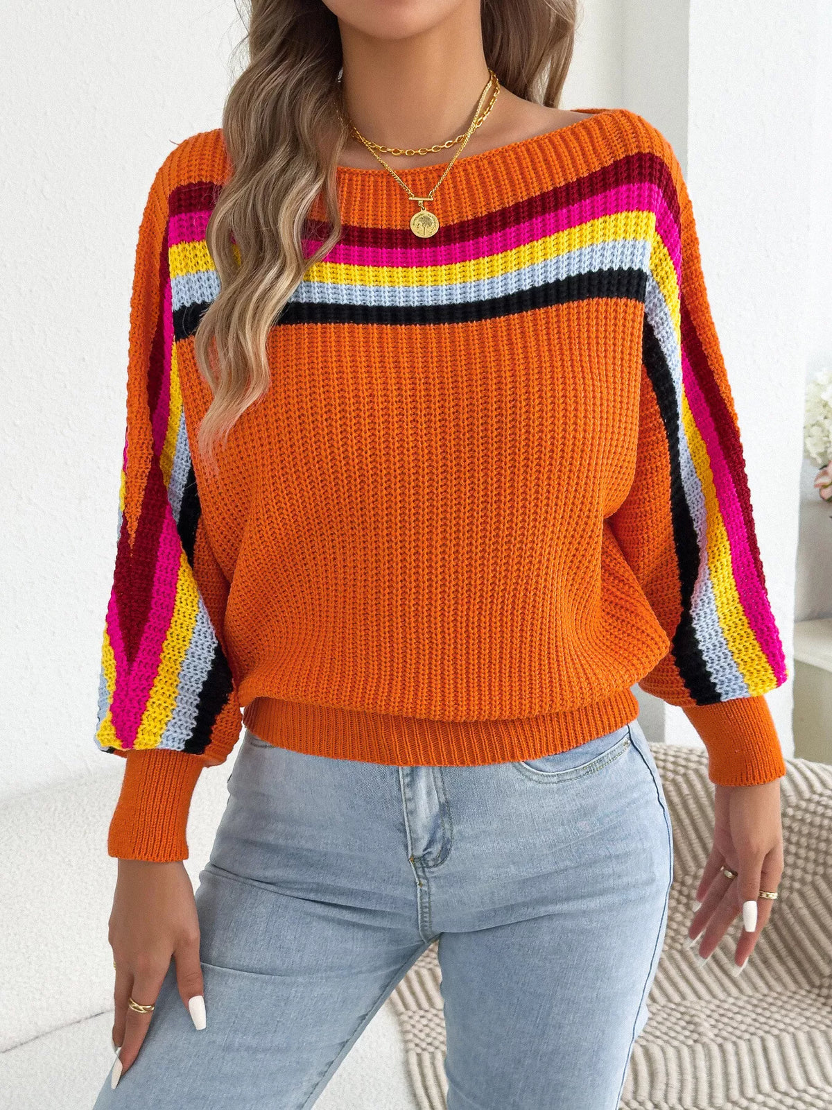 Striped Knit Boat Neck Sweater (16)